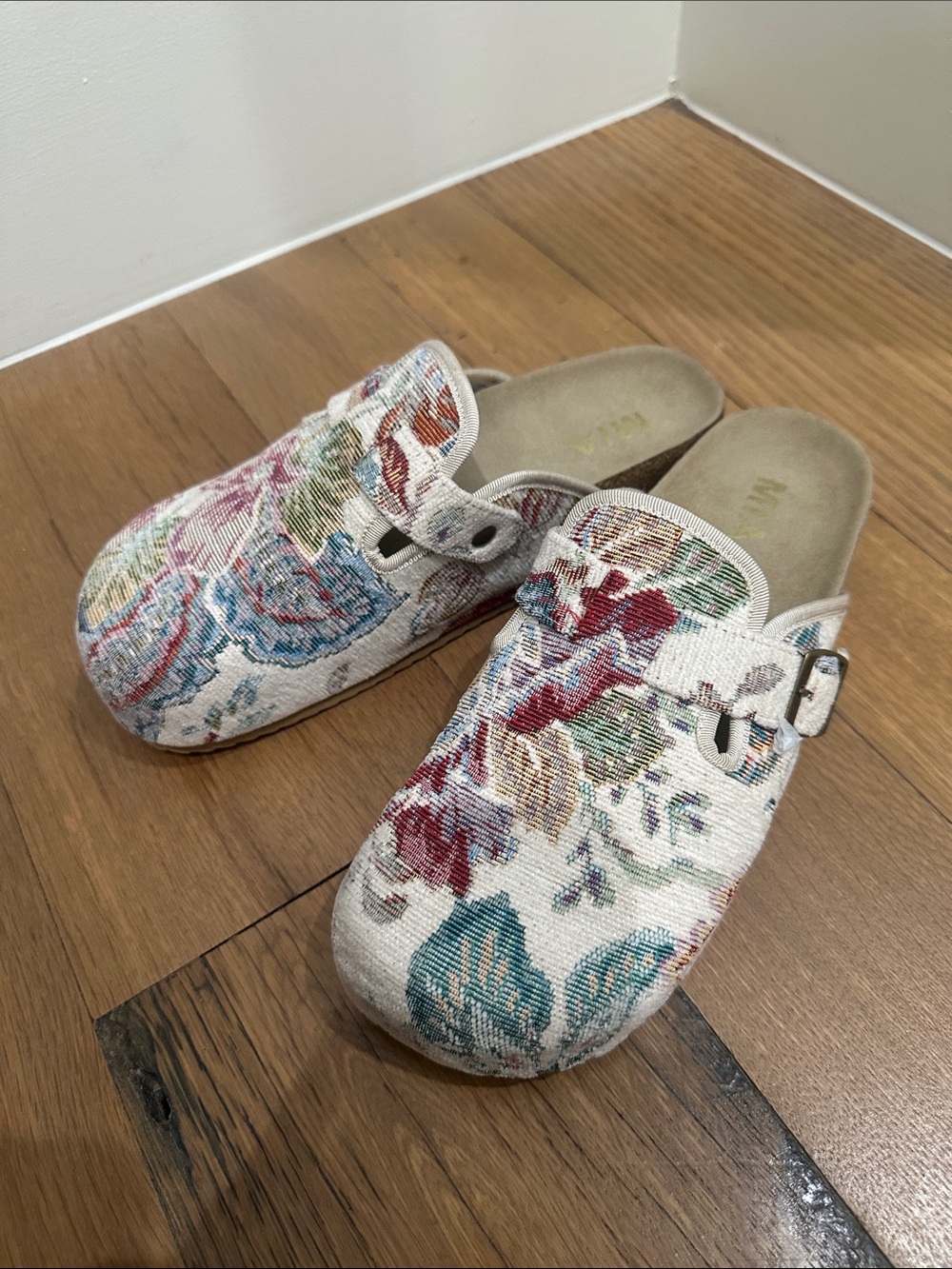 MIA Floral Tapestry Clogs in Cream, Blue, Green, Red